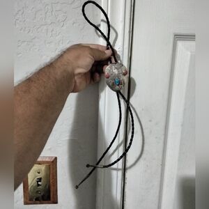 Vintage Tommy Moore Navajo Sterling Silver and Turquoise Bolo Tie Signed